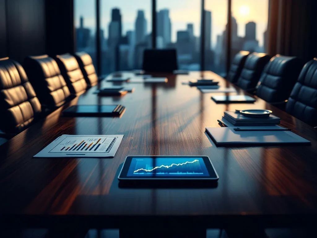 Mahogany meeting table with financial documents and tablet with rising charts in modern boardroom with city view