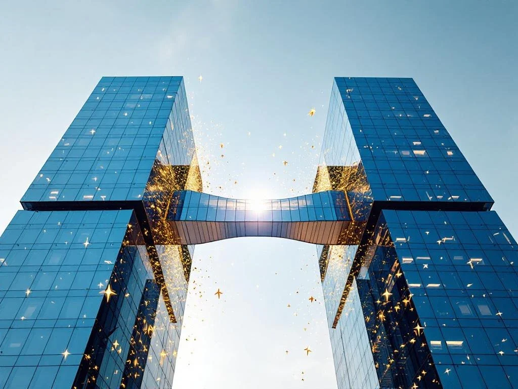 Twee bedrijfsgebouwen die samensmelten tot één modern glazen kantoorcomplex via een architecturale brug, zakelijke fusie concept