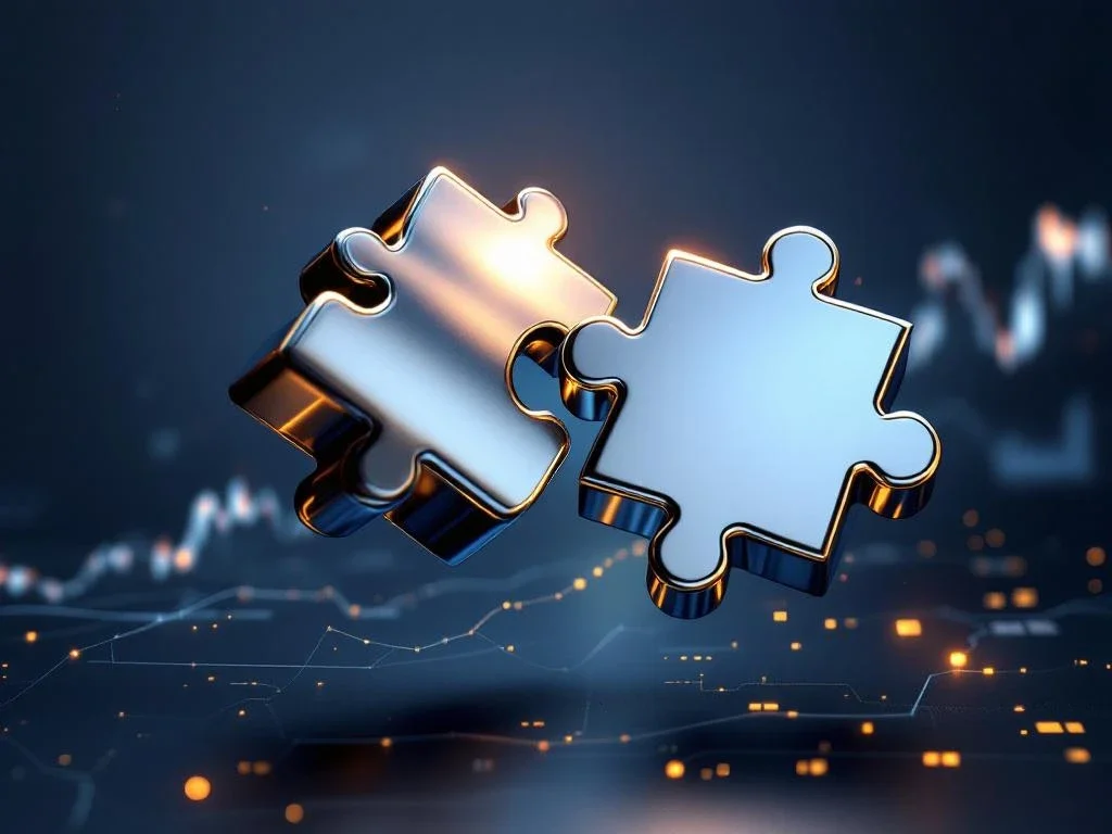 Twee glanzende metalen puzzelstukjes die perfect in elkaar passen, symbool voor bedrijfsfusie en strategische samenwerking
