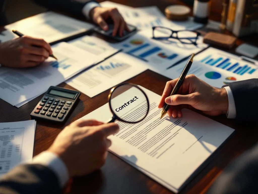 Hands in suit examine financial documents with magnifying glass on mahogany desk with contracts and charts