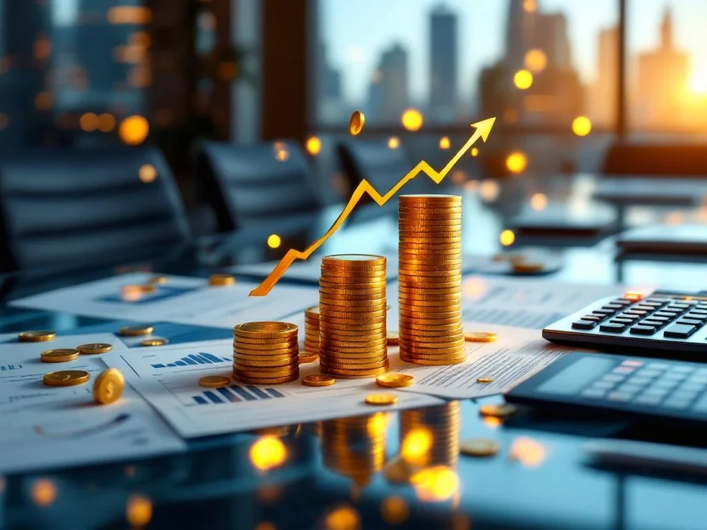 Glazen vergadertafel met financiële documenten, grafieken, gouden munten en tablet met fusie-analyses in modern kantoor