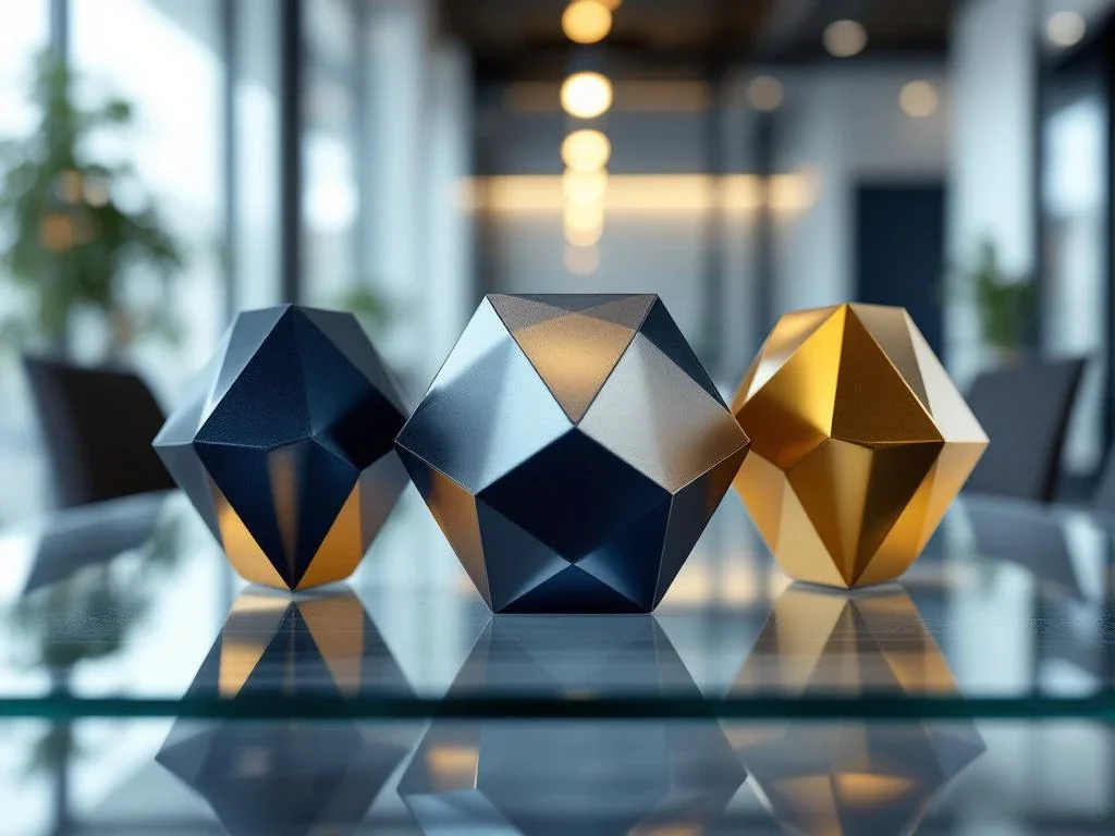 Drie geometrische vormen in marineblauw, zilver en goud die samensmelten op glazen vergadertafel in modern kantoor