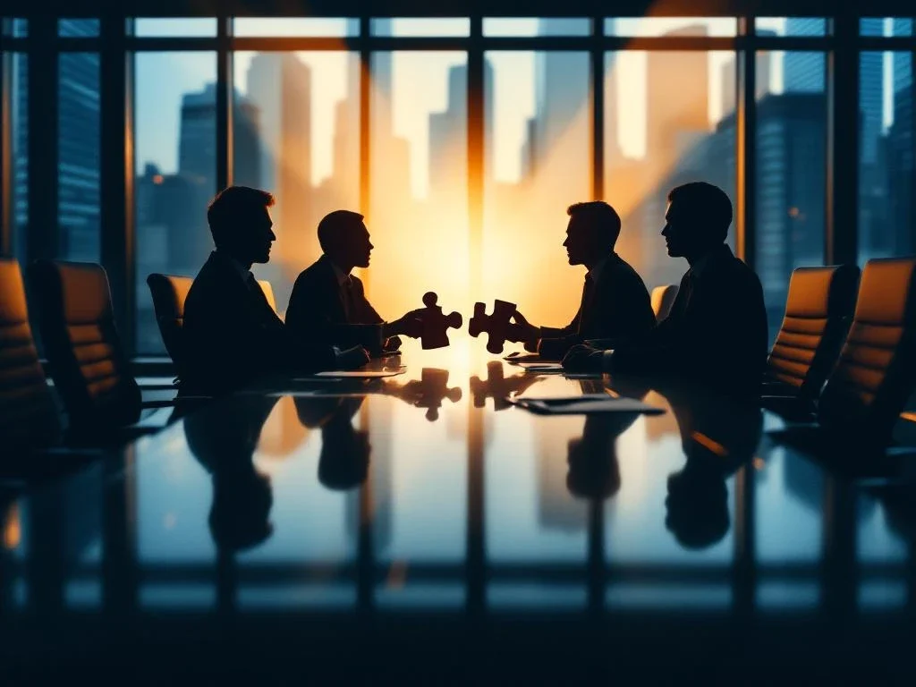 Business merger negotiations with silhouettes of two groups around meeting table with puzzle pieces in the middle