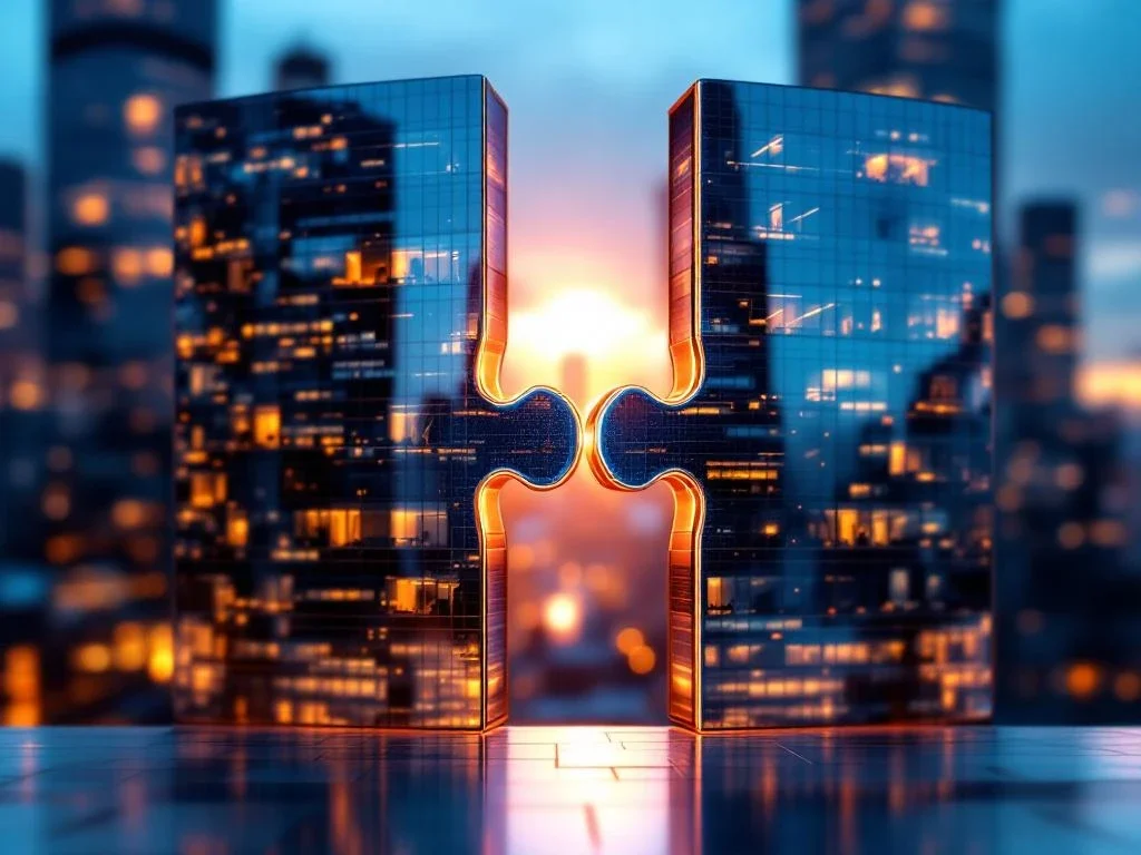 Two modern glass office buildings merging with metal puzzle pieces in the foreground, cityscape background