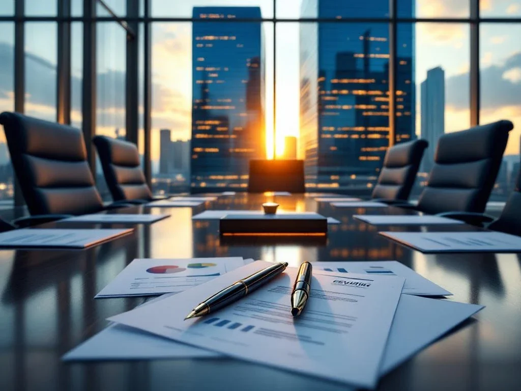 Zakelijke boardroom met glazen gebouwen die fuseren, juridische documenten en vulpennen op mahonie tafel tijdens gouden uur
