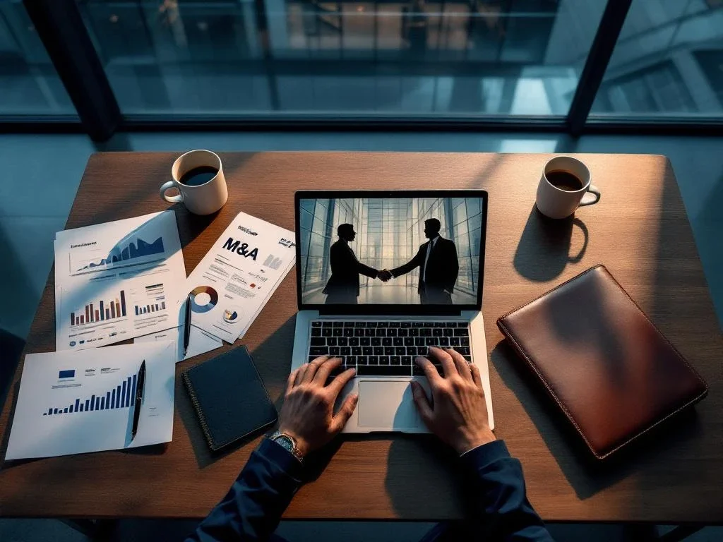 M&A manager bureau van bovenaf met laptop, financiële grafieken, juridische documenten en koffiekopjes in modern kantoor