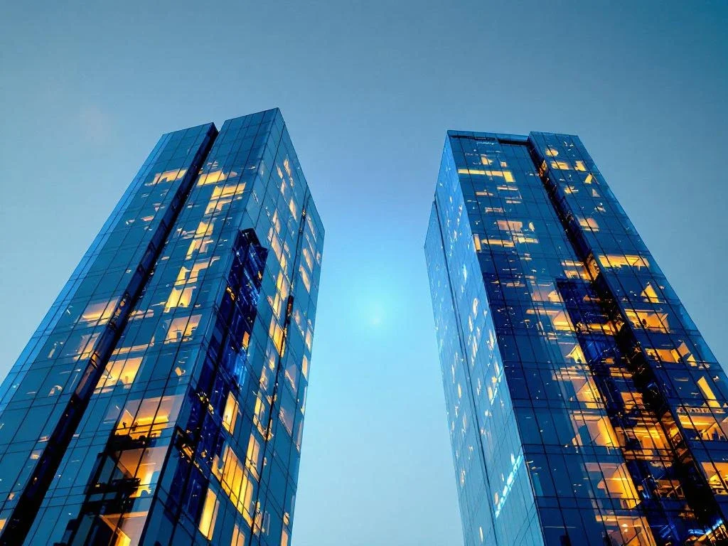 Twee moderne glazen kantoorgebouwen die samensmelten met gouden verlichting en blauwe accentbelichting tegen blauwe lucht