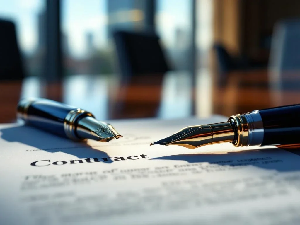 Twee elegante vulpennen op mahonie conferentietafel met getekend contract en ongetekende documenten in modern kantoor