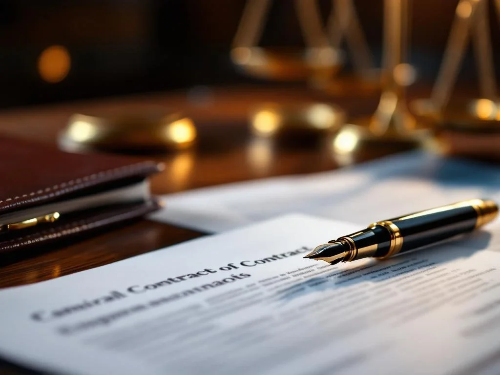 Business contracts and documents on mahogany desk with fountain pen and gold scales in background