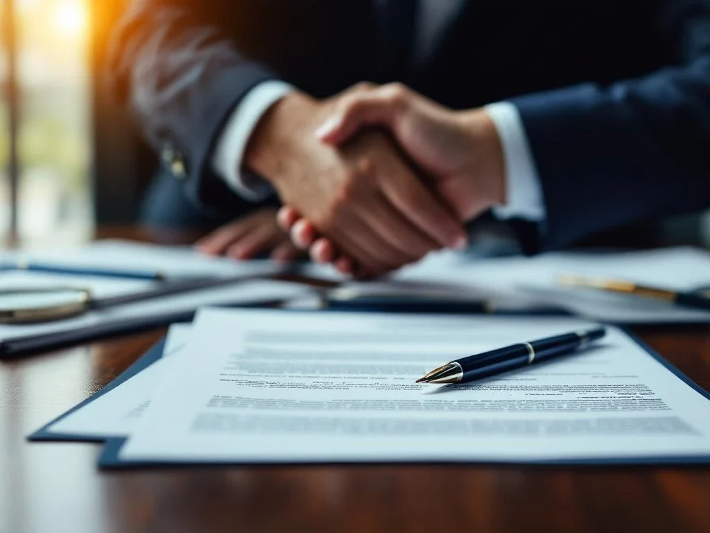Professionele handdruk in scherpe focus met contracten en vergrootglas op mahonie tafel in corporate boardroom