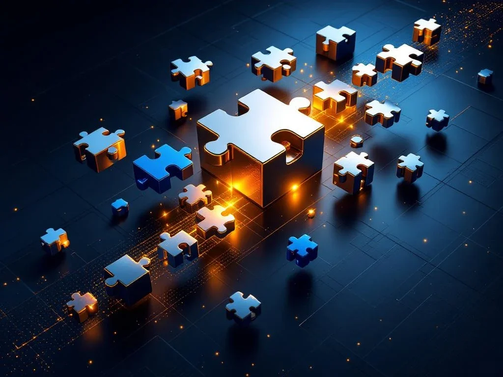 Luchtfoto van gouden bedrijfsblok dat zilveren puzzelstukken aantrekt, symboliseert bedrijfsovernamestrategie