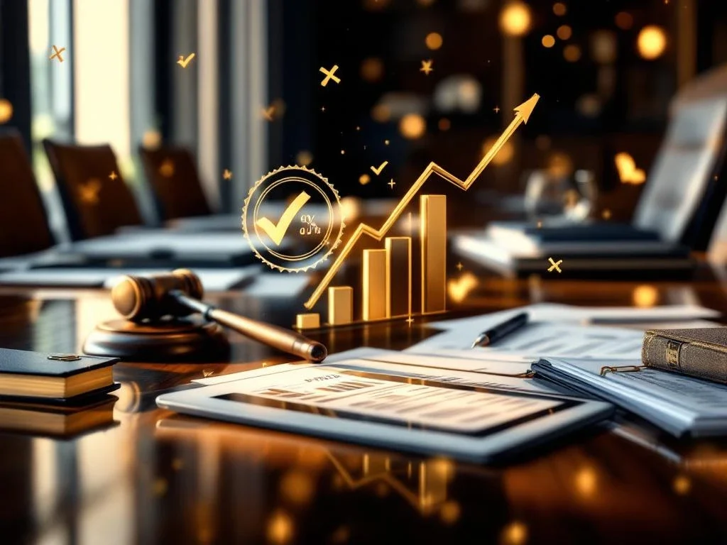 Bestuurskamer met mahonie tafel, governance documenten, digitale tablet met winstgrafieken en gouden goedkeuringsstempels