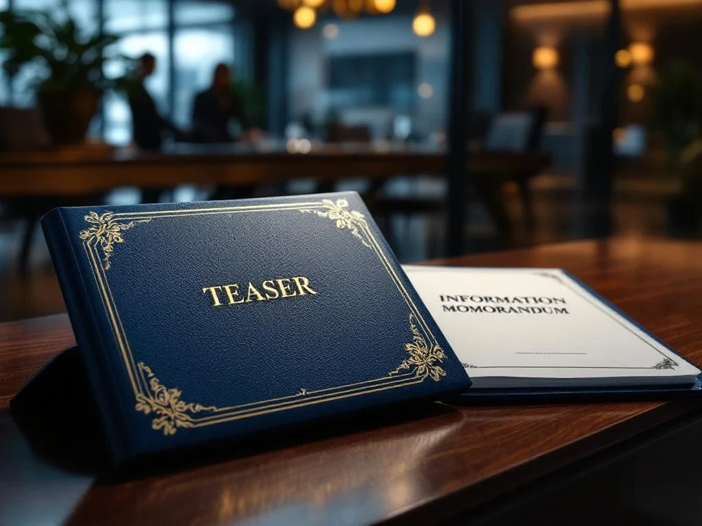 Two business documents on mahogany desk: left folder with "TEASER", right with "INFORMATION MEMORANDUM" in gold