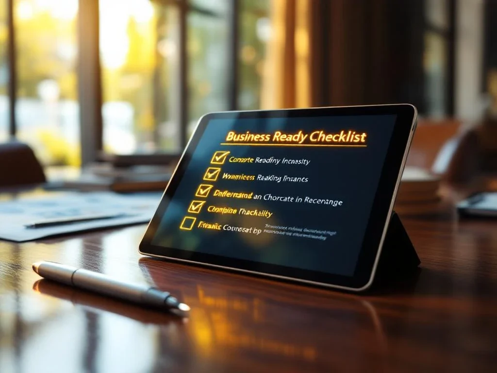 Digitale tablet met zakelijke checklist en gloeiende vinkjes op mahonie vergadertafel met pen en documenten