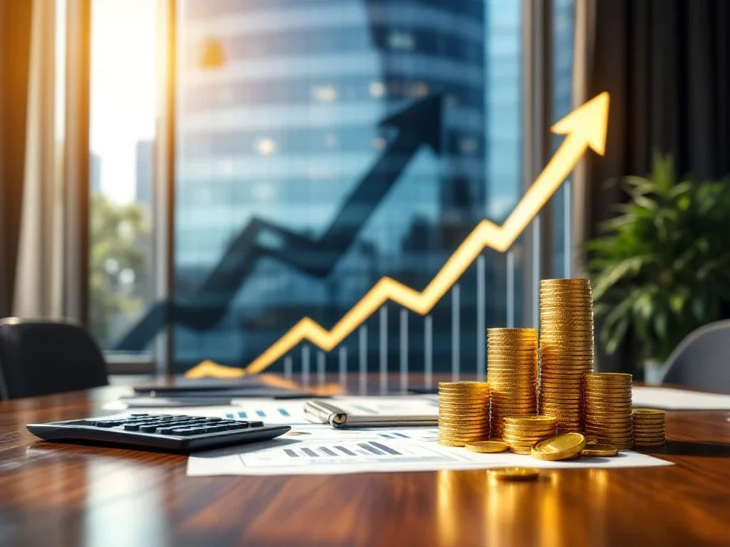 Modern glazen kantoorgebouw met pijlvormige elementen, conferentietafel met financiële grafieken en gouden munten