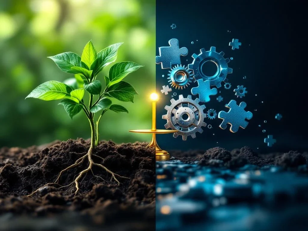 Libra balances organic growth with green plant against mechanical growth with gears and puzzle pieces
