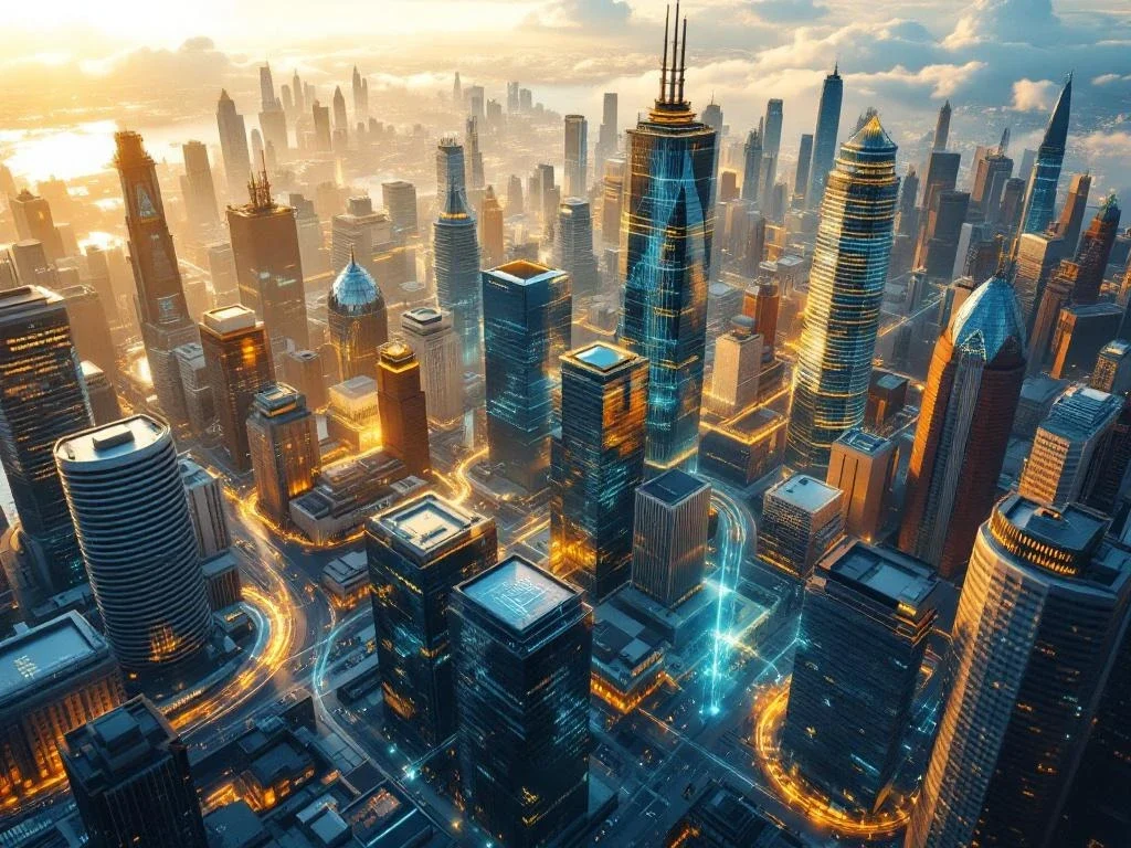 Aerial view of business sectors as modern glass towers and traditional brick buildings with golden sunlight