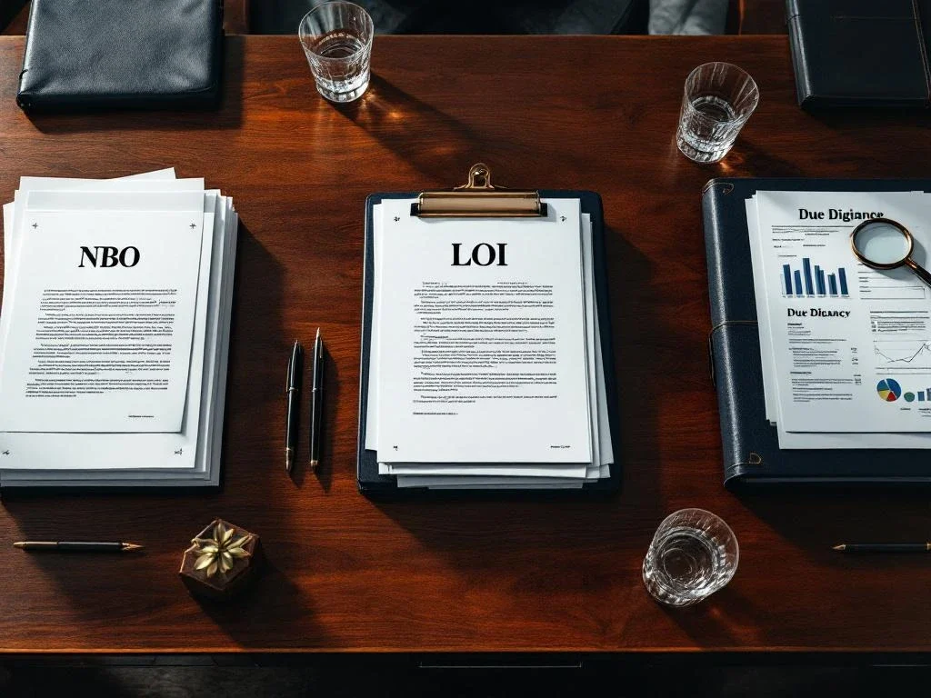 Luchtfoto van mahonie vergadertafel met drie stapels documenten voor biedingsproces: NBO, LOI en due diligence mappen