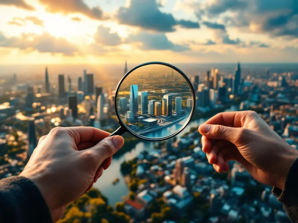 Hands with magnifying glass examine miniature Dutch office buildings from bird's eye view
