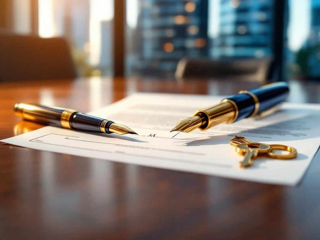 Twee elegante vulpennen op mahonie tafel, één tekent contract naast gouden sleutels in modern kantoor