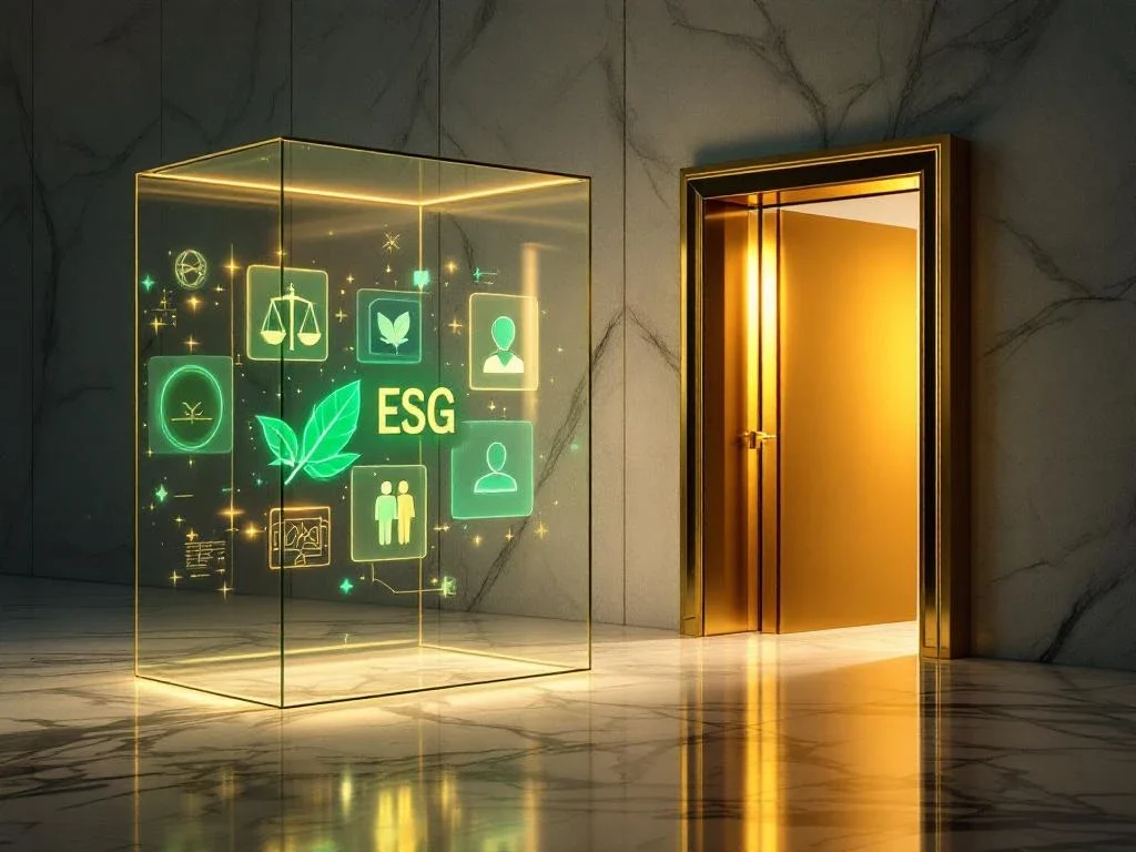 Gouden uitgang deur op glas kubus met ESG symbolen op marmeren oppervlak met bedrijfsplannen