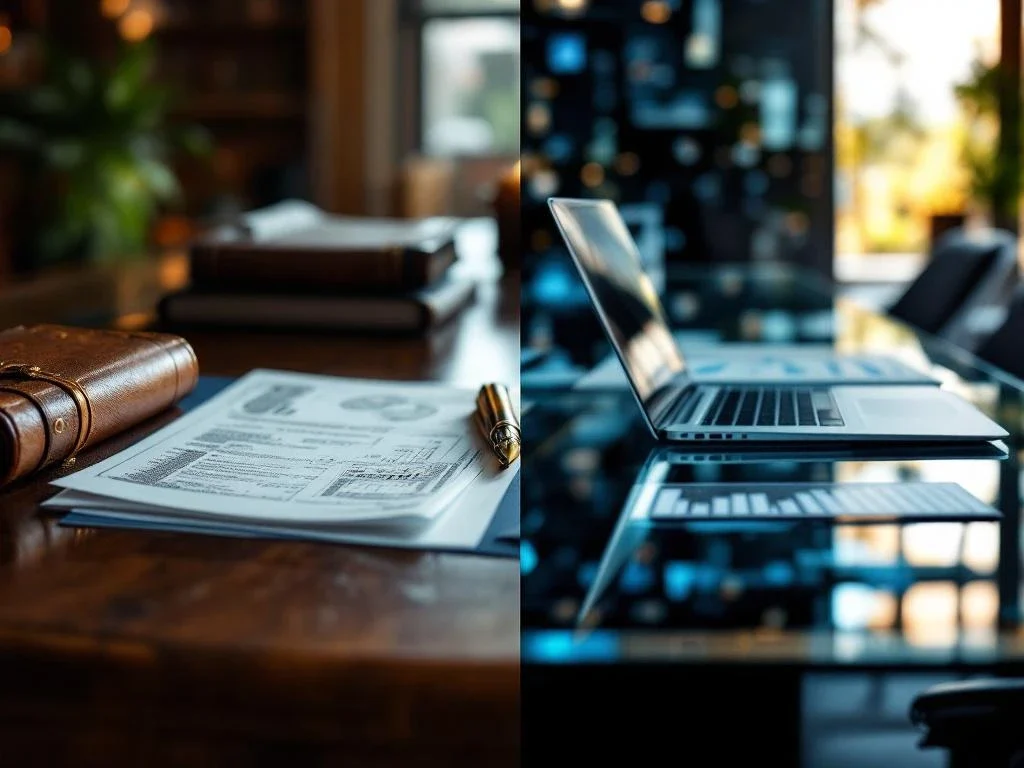 Split-screen vergelijking van traditionele familiebureaus met mahonie tafel en moderne private equity met laptops
