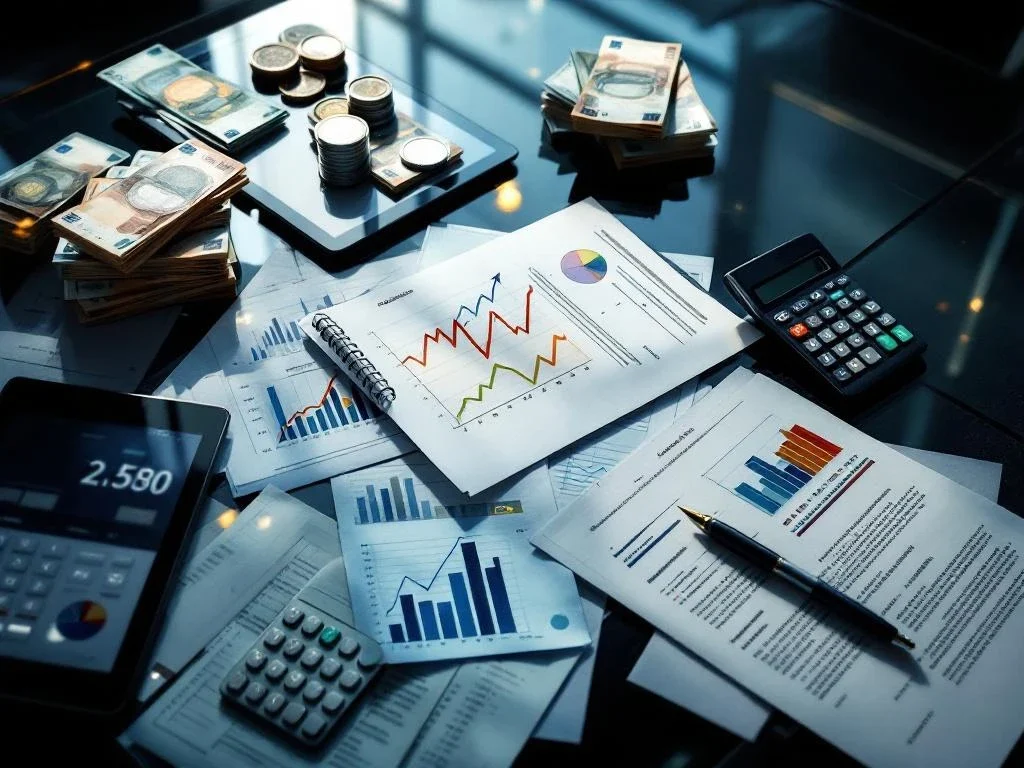 Glazen vergadertafel met financiële documenten, cashflow grafieken, eurobiljetten, calculator en tablet met stijgende trends