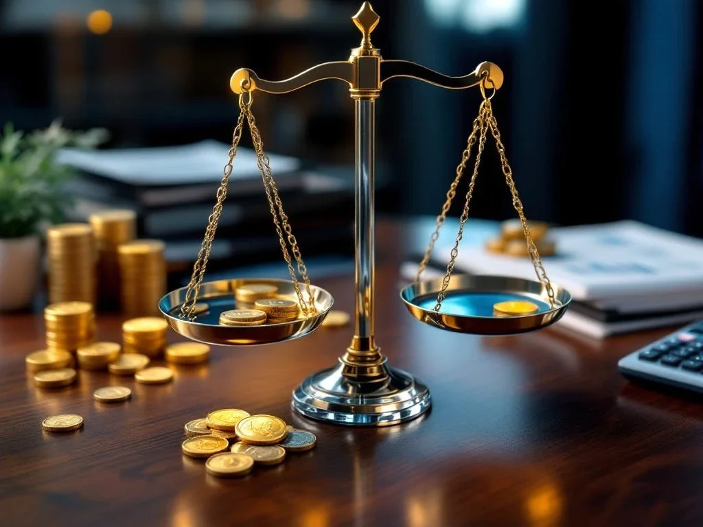 Glazen weegschaal op mahonie bureau met gouden munten, documenten en vergrootglas voor financiële analyse