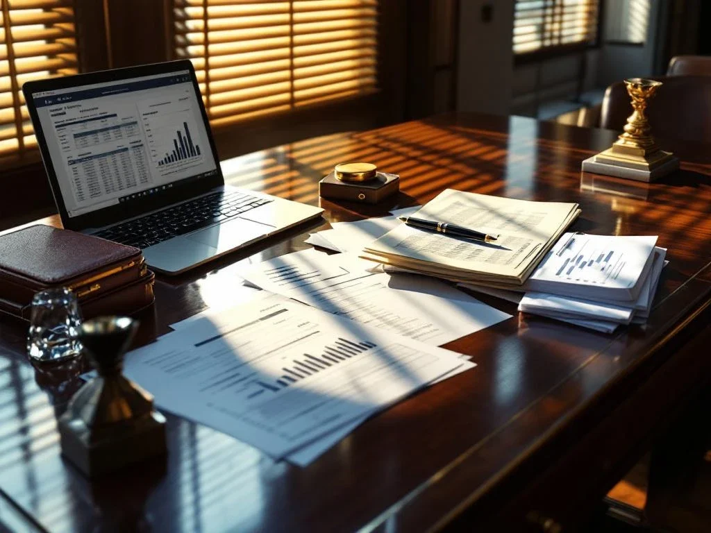 Mahonie bureau met financiële documenten, laptop met spreadsheets, leren aktetas en luxe pen in professionele kantooromgeving
