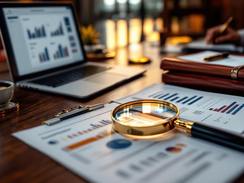 Magnifying glass examines financial charts on mahogany conference table with laptop, documents and gold pen
