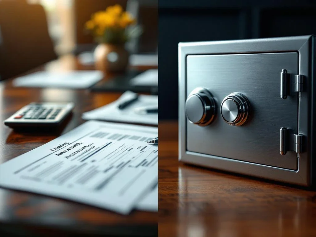 Split image of mahogany board table with financial documents on left and metal safe on right for corporate finance