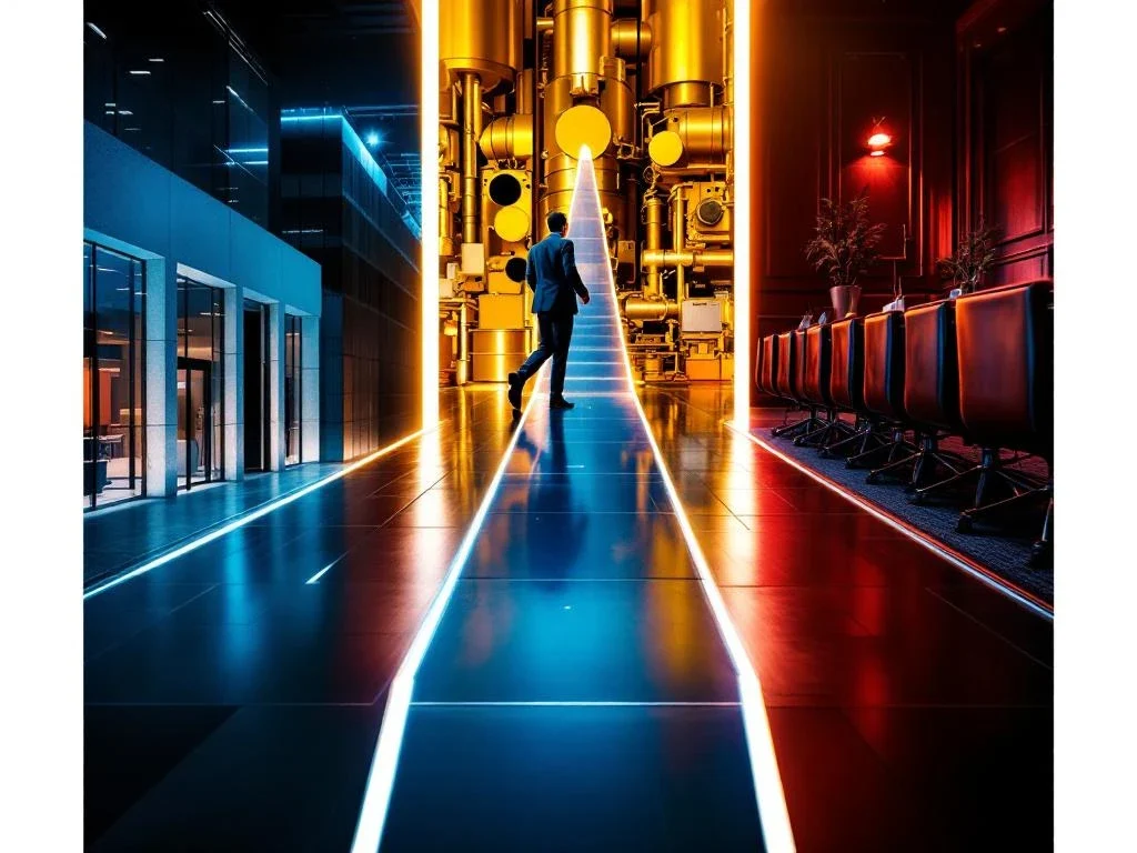 Drie financieringsopties convergeren: moderne bank links, industriële apparatuur midden, bestuurskamer rechts