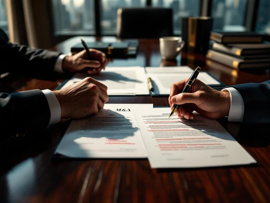 Twee paar handen aan vergadertafel met contractdocumenten en vulpen tijdens M&A-onderhandelingen in kantoor