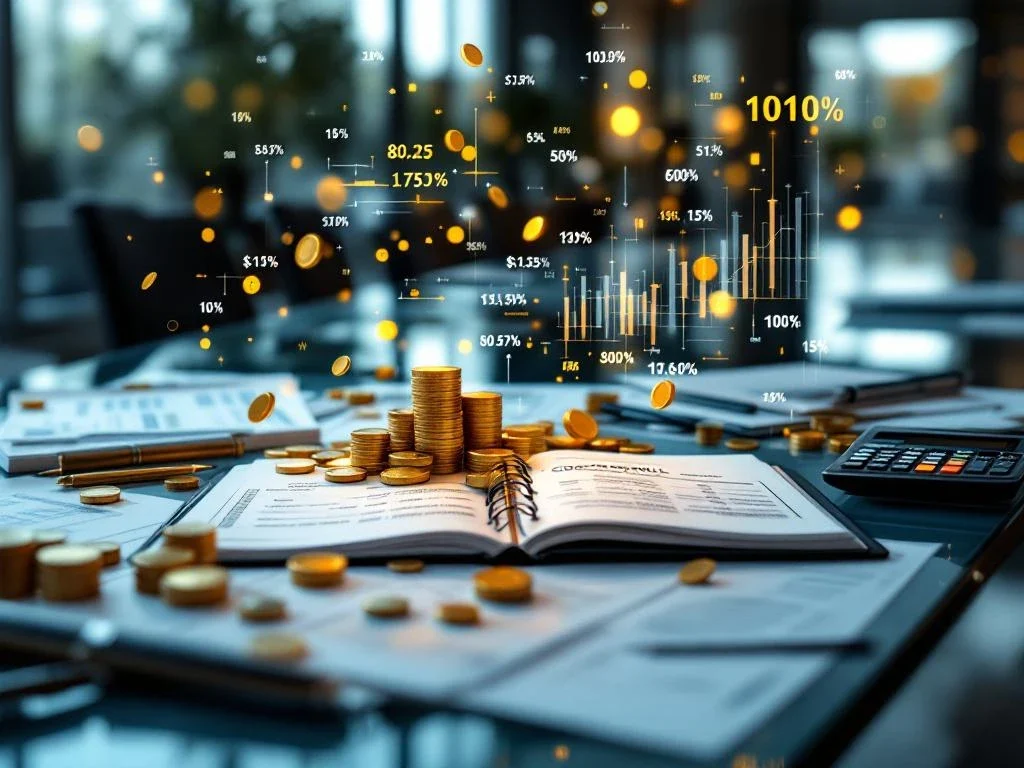 Glasconferentietafel met financiële documenten, goodwill-berekeningen en zwevende gouden munten in modern kantoor