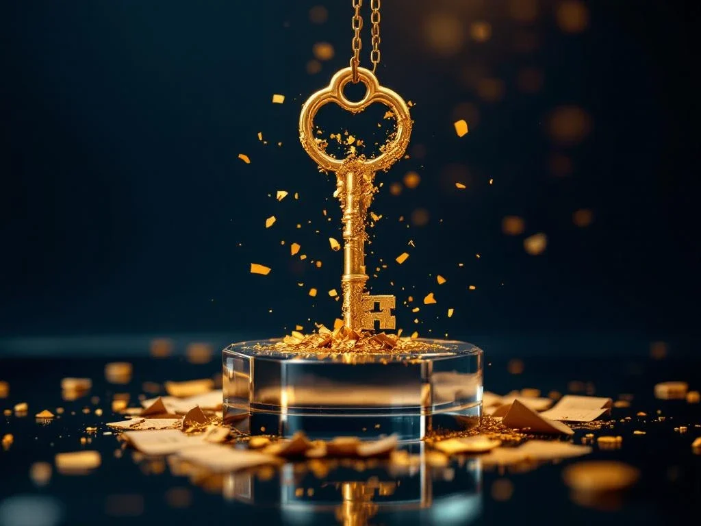 Golden key dissolving at tip, suspended above glass pedestal with contract fragments, warm amber light on dark blue background