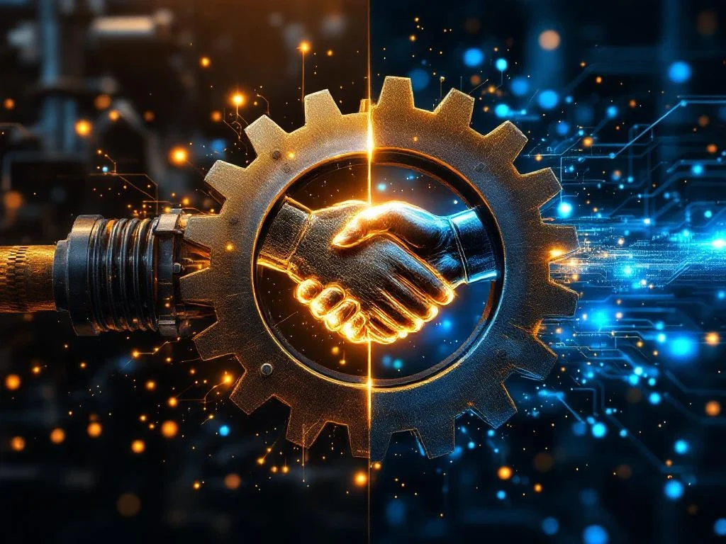 Industrial machinery and digital technology linked by worn brass and chrome gears with M&A handshake silhouettes
