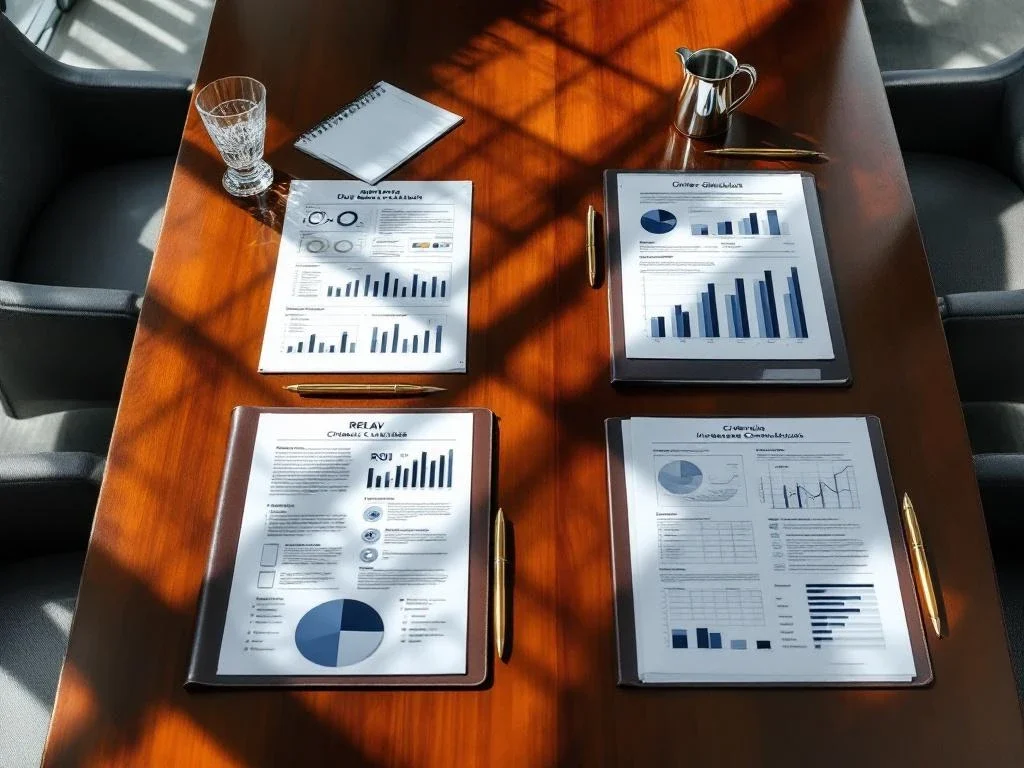 Mahogany board table with investment documents, financial charts and due diligence folders for strategic decision-making