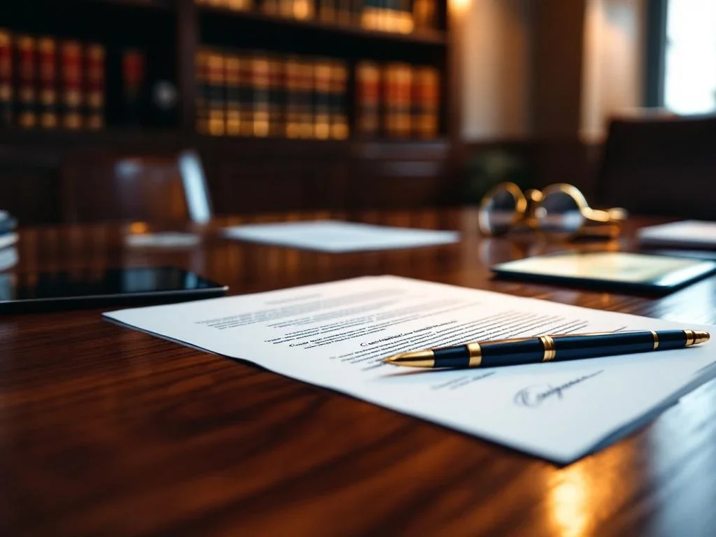 Mahonie vergadertafel met juridische documenten, gouden vulpen, leesbril en tablet in advocatenkantoor