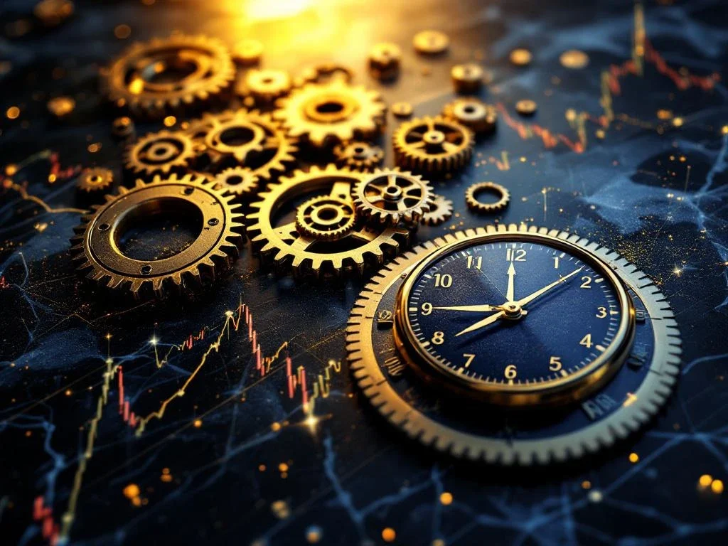 Gold gears above rising stock prices with clock showing market times on marble surface