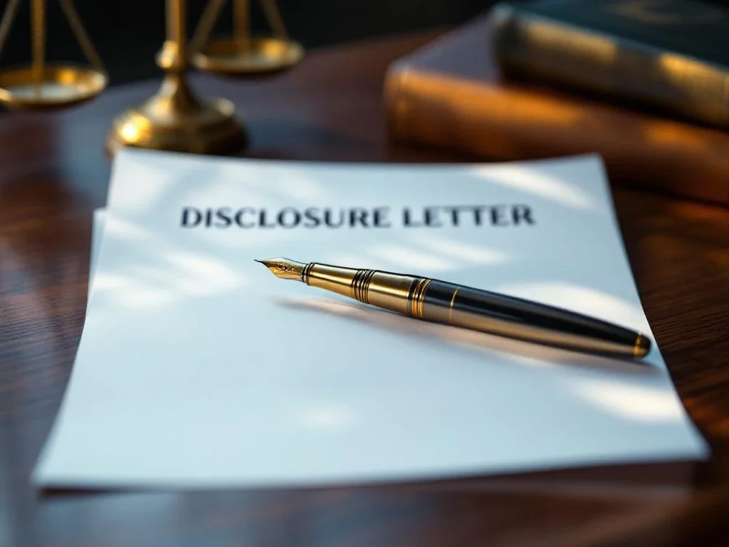 Juridisch onthullingsdocument met gouden vulpen op mahonie bureau, weegschaal en wetboeken op achtergrond