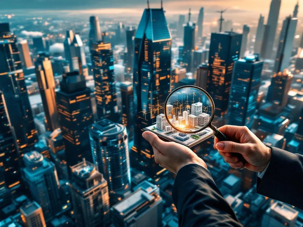 Aerial view of financial district with glass skyscrapers and hands holding magnifying glass for property analysis