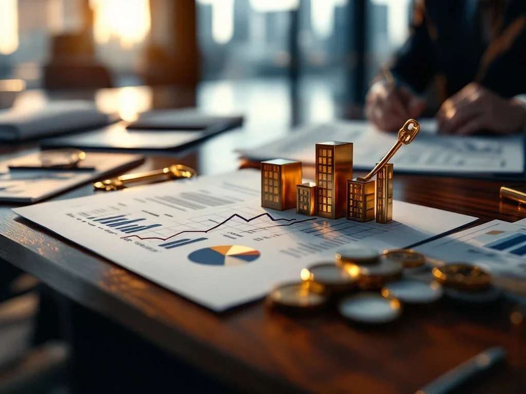 Gold key next to miniature building on board table with financial charts and growth figures in professional boardroom