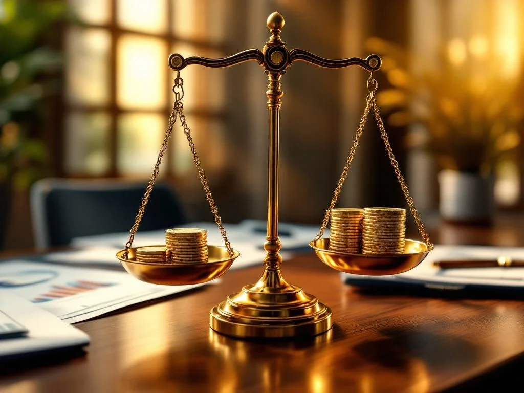 Gouden weegschaal op mahonie bureau met verschillende stapels munten, bedrijfsdocumenten op achtergrond