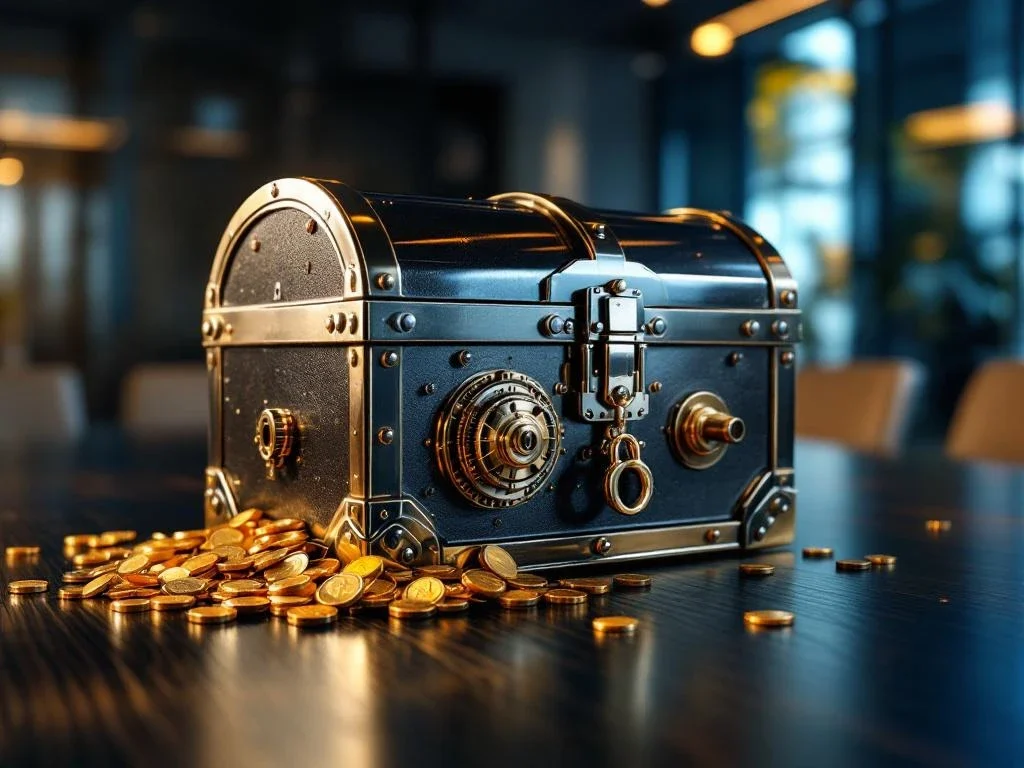 Gesloten stalen schatkist met mechanisch slot op vergadertafel, gouden munten en financiële documenten zichtbaar
