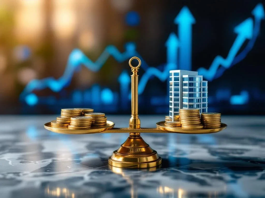 Gold scale on marble with coins and office building, financial graphs in background, business growth concept