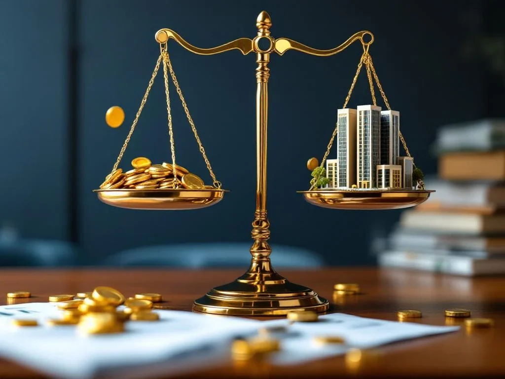 Gold scale with coins and company building model on mahogany desk, symbolises financial balance and risk