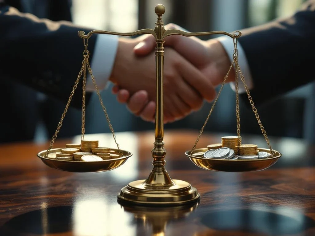 Weegschaal met gouden en zilveren munten op mahoniehout bureau, handdrukken op achtergrond, zakelijke waardering