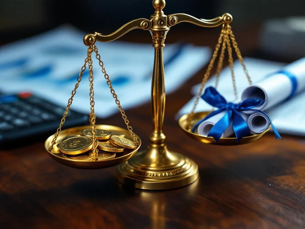 Gouden weegschaal op mahoniehout bureau met munten en financiële documenten, symboliseert acquisitie prijsstelling