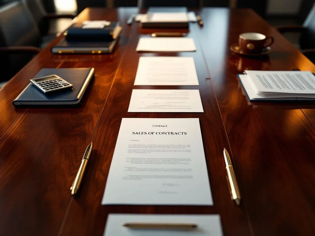Mahogany conference table from above with documents, contracts, gold pens and silver calculators in professional set-up