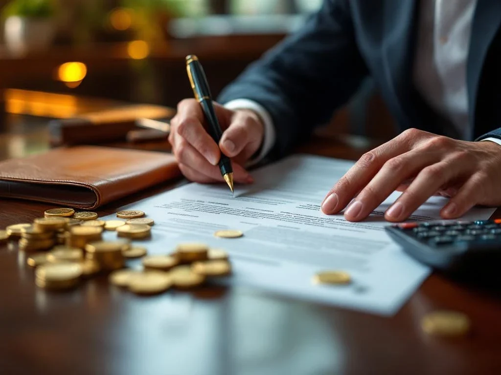 Zakenman ondertekent financiële contracten op mahonie bureau met eurobiljetten, munten en calculator in professionele kantooromgeving